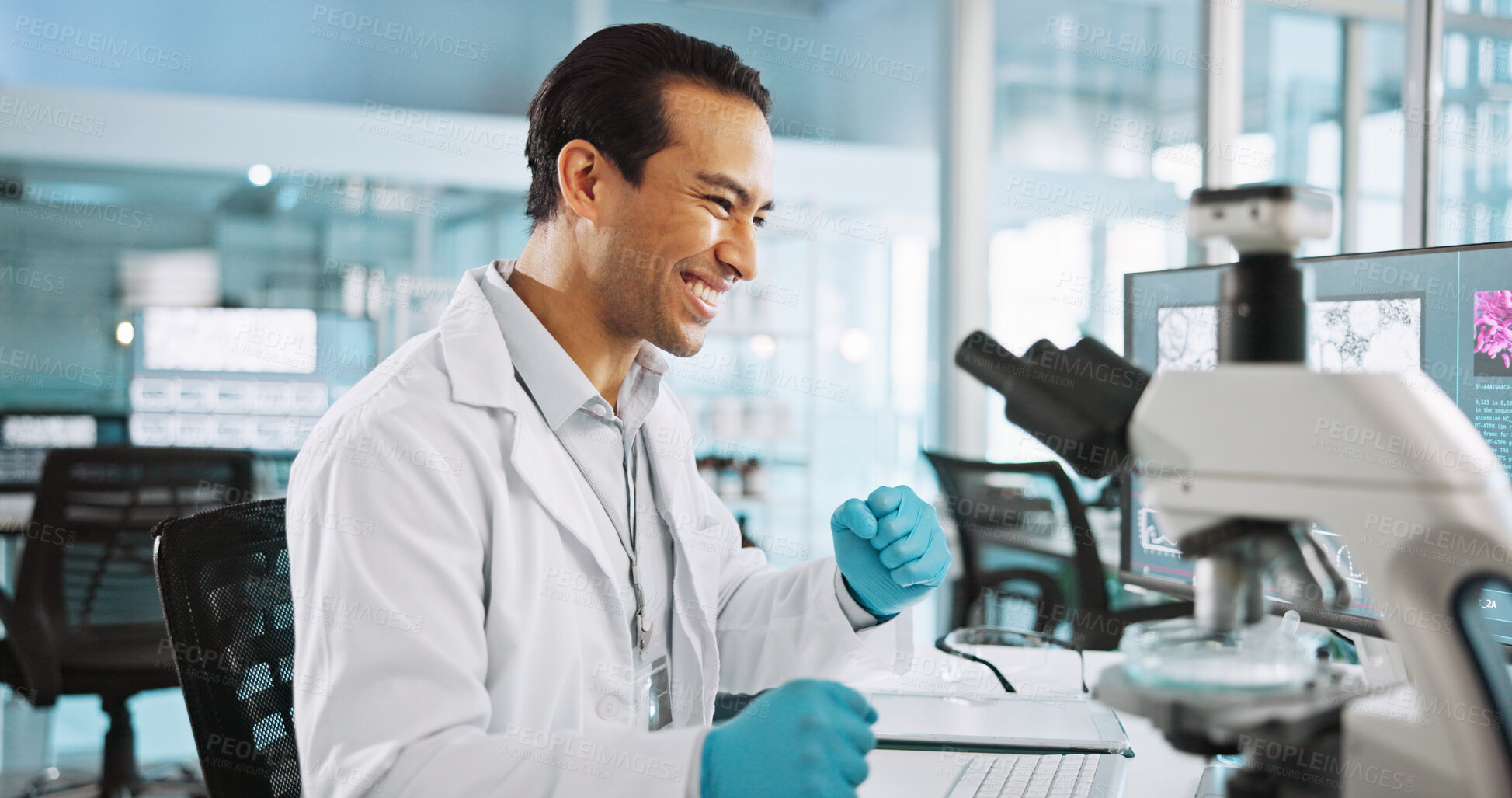 Buy stock photo Scientist, man and microscope with fist pump for biology, breakthrough or medical research funding. Biotech, laboratory and celebration with DNA study for pharmaceutical RNA or pathology experiment