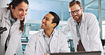 Team, scientist and discussion with laptop in lab for cure discovery, breakthrough or happy for innovation. Science worker, medical collaboration or computer with test results for healthcare research