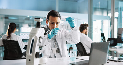 Buy stock photo Microscope, chemical and scientist with man in laboratory for science sample, molecular reaction and research. Medicine, vaccine experiment and medical test with person for pharmacy and clinic