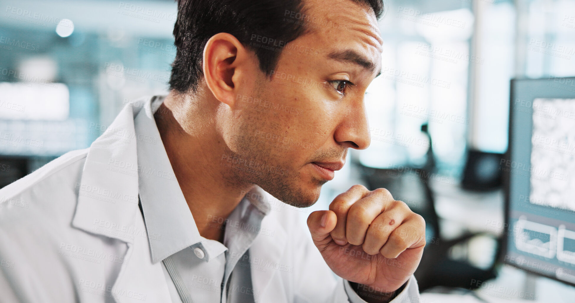 Buy stock photo Scientist, man and thinking for research at laboratory, review and medical trial for pharma job. Person, insight and perspective with process, vaccine development and clinical study for innovation