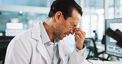 Buy stock photo Headache, pain and science with man in laboratory for research mistake, clinical trial fail or burnout. Healthcare error, tired and medical test results with person in clinic for fatigue and crisis