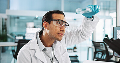 Buy stock photo Scientist, man and petri dish with analysis for biology, bacteria breakthrough or medical research. Biotech, laboratory and thinking with DNA study for pharmaceutical RNA or pathology experiment