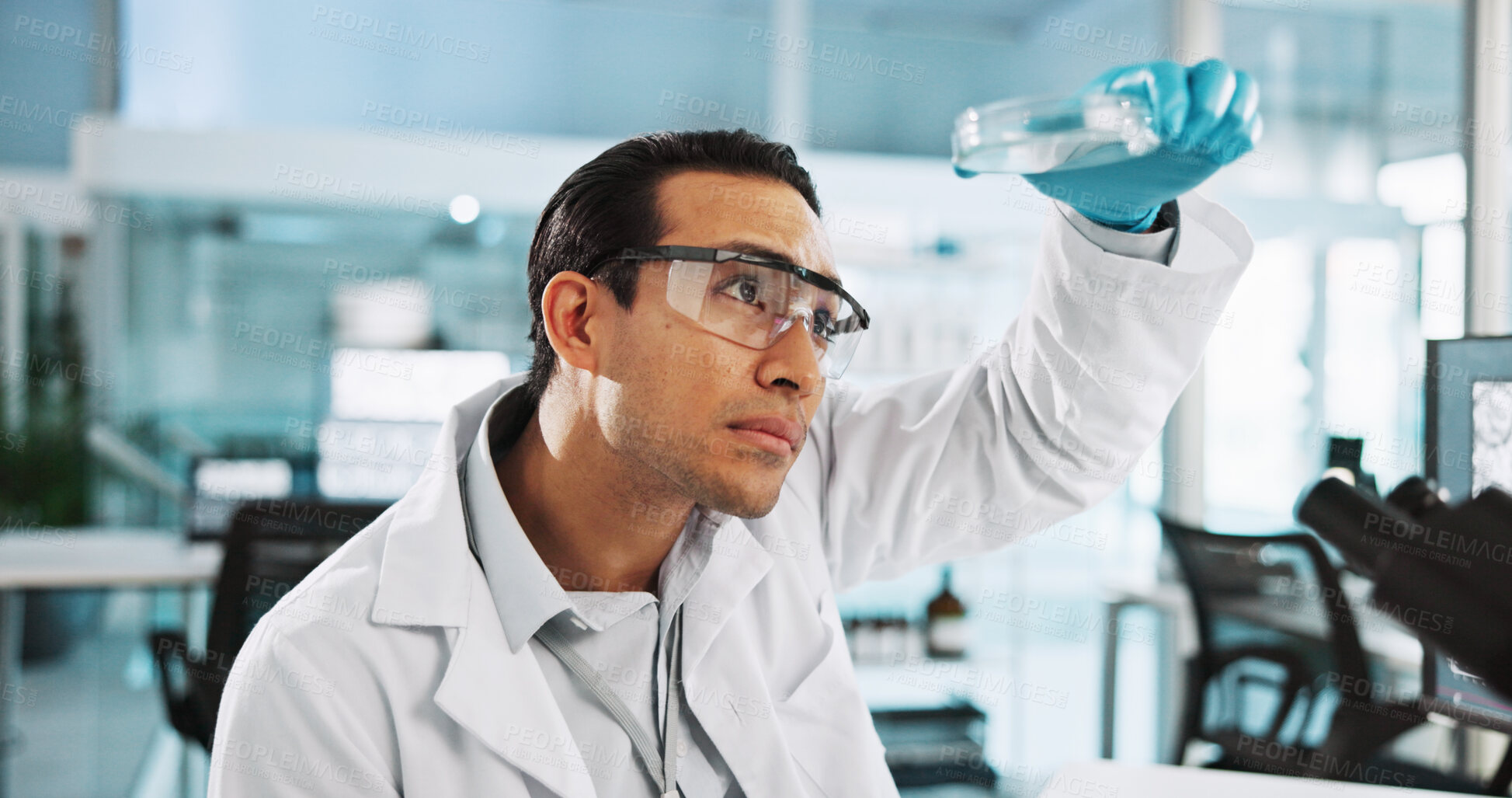 Buy stock photo Scientist, man and petri dish with analysis for biology, bacteria breakthrough or medical research. Biotech, laboratory and thinking with DNA study for pharmaceutical RNA or pathology experiment