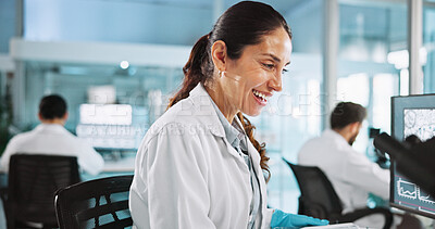 Buy stock photo Computer, science and smile of woman in laboratory for healthcare, medical or pharmaceutical innovation. Microscope, research and study with happy scientist in clinical trial for development