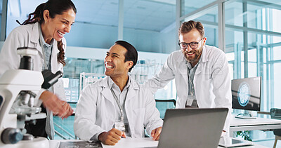 Buy stock photo Team, happy scientist and people in lab for cure discovery, breakthrough or innovation discussion. Science worker, medical collaboration and laptop with test results, healthcare research and laugh