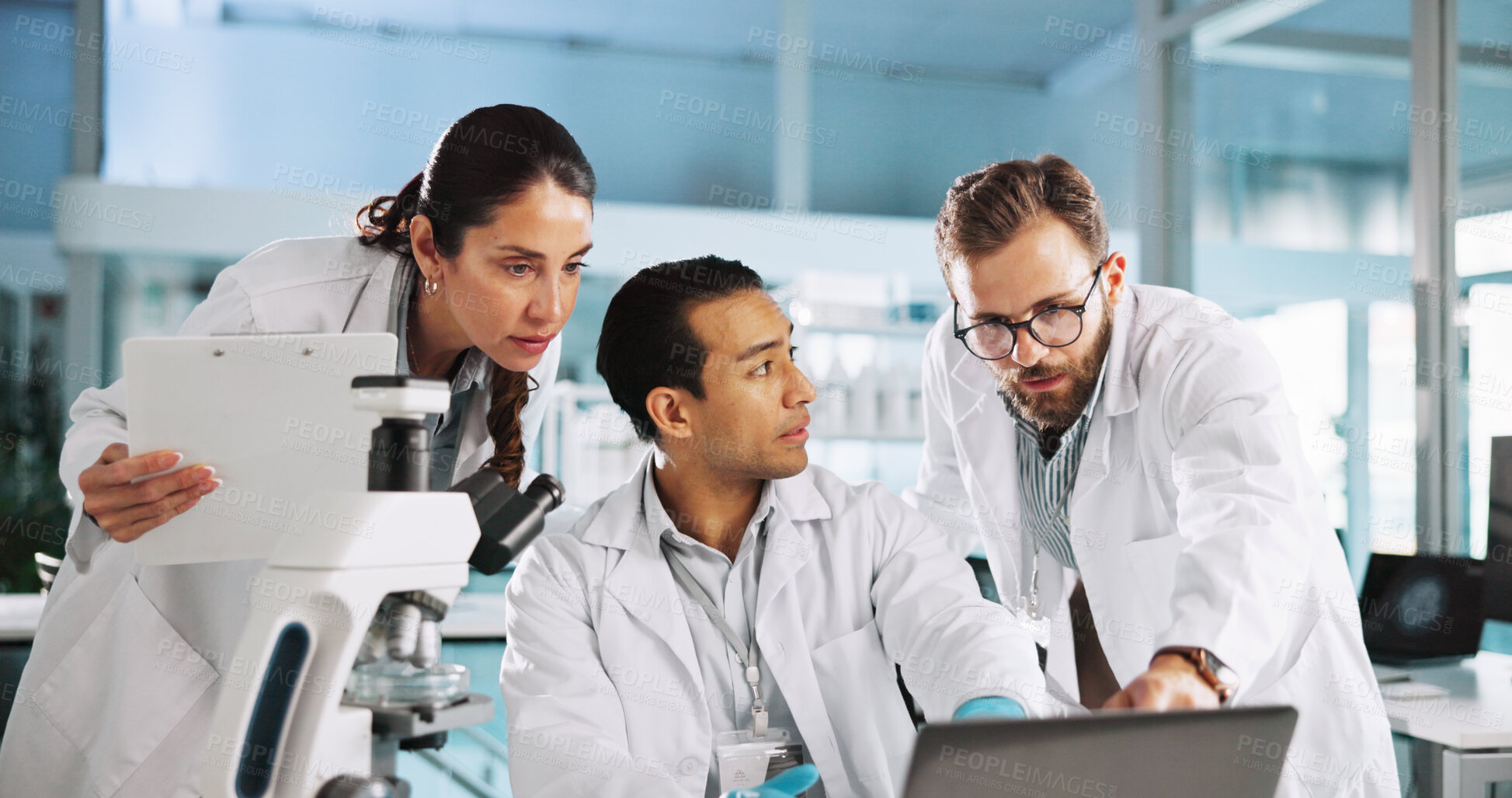 Buy stock photo Team, scientist and discussion with laptop for medical innovation, research and analysis on clipboard. Science lab, people and collaboration on computer with test results, planning and healthcare