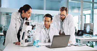 Buy stock photo Group, scientist and people with chemical beaker for research, innovation and chemistry. Science lab, medical collaboration and sample for test discussion, planning and cure development with laptop