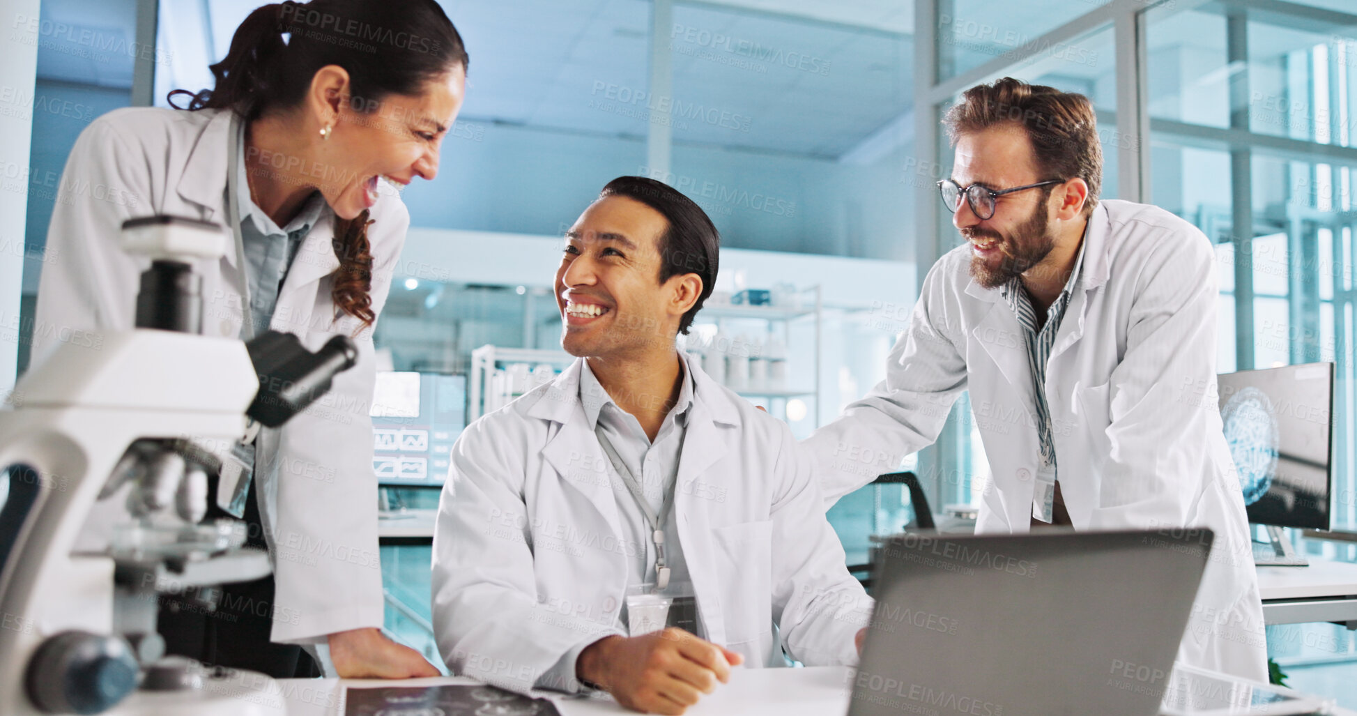 Buy stock photo Group, scientist and excited people in laboratory for cure discovery, neuroscience breakthrough or innovation. Science worker, medical collaboration and laptop for analysis, research joke and laugh
