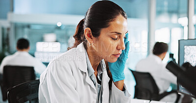 Buy stock photo Headache, tired and science with woman in laboratory for research mistake, clinical trial fail or burnout. Healthcare error, stress and medical test results with person for fatigue and crisis