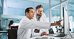 Teamwork, talking or scientists on computer for medical breakthrough, clinical trial or DNA discovery. People, biology test or science research in lab with results notes, bacteria or medicine cure