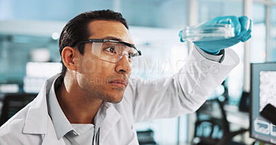 Buy stock photo Scientist, man and petri dish with study for biology, bacteria breakthrough or medical research. Biotech, laboratory and thinking with DNA analysis for pharmaceutical RNA or pathology experiment