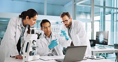 Buy stock photo Team, scientist and people with chemical beaker for research, innovation and chemistry. Science lab, medical collaboration and sample for test discussion, planning and cure development with laptop