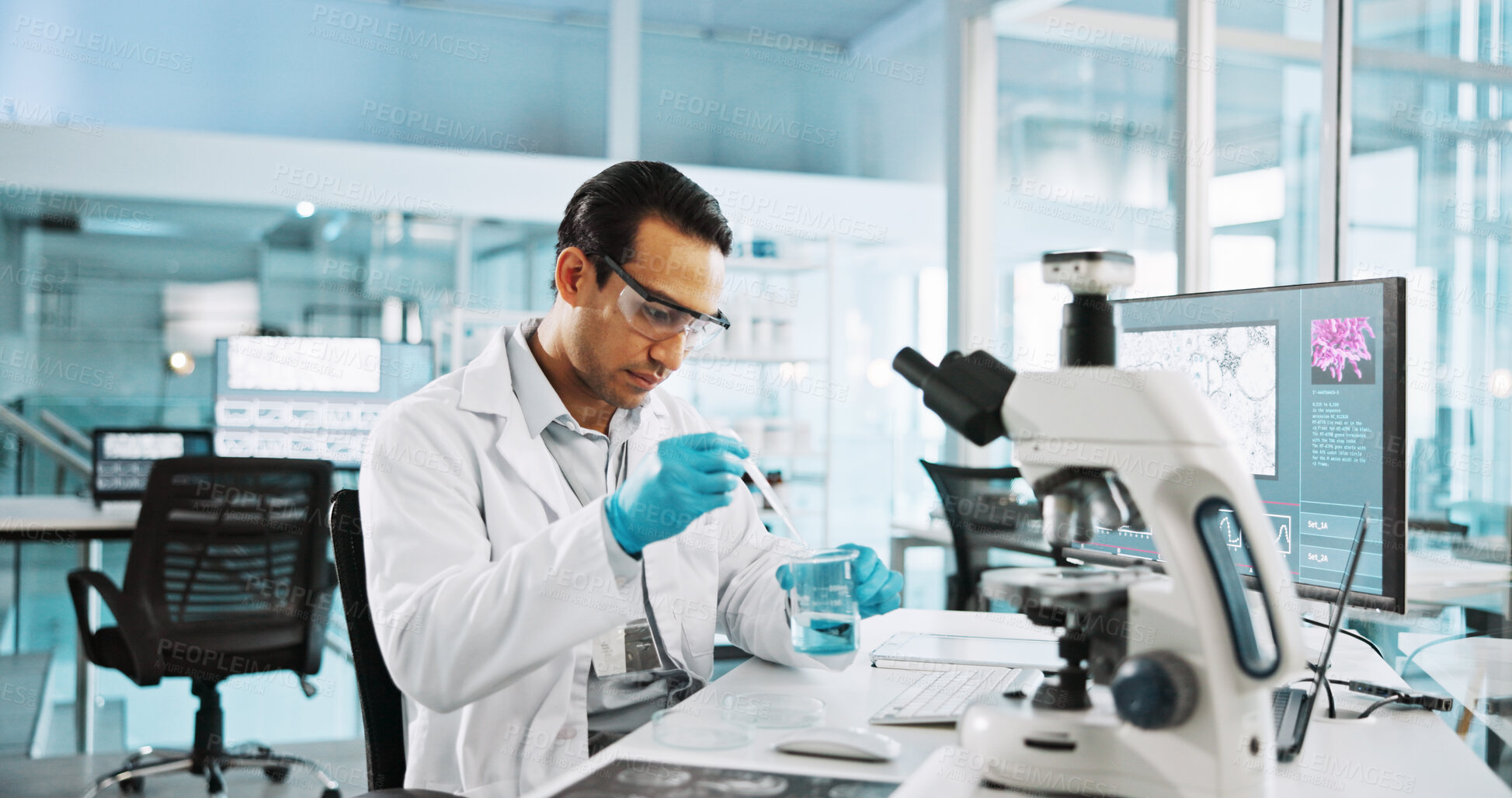 Buy stock photo Microscope, healthcare and beaker with man in laboratory for tissue sample, cancer research and science. Cell treatment, report and medical test with person in clinic for tumor enzyme and record