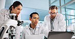 Team, scientist and laptop in laboratory for medical innovation, research and analysis on clipboard. Science discussion, people and computer for healthcare study, planning and medicine development