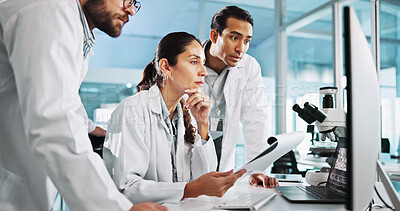 Buy stock photo Teamwork, notes or scientists on computer for medical breakthrough, clinical trial or DNA discovery. People, biology testing or science research in lab with paper, bacteria results or medicine cure