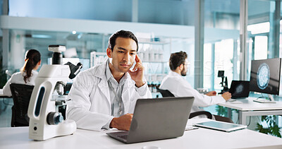 Buy stock photo Laptop, science and thinking with man in laboratory for healthcare, medical or pharmaceutical innovation. Computer, microscope and planning with scientist at work on clinical trial for development