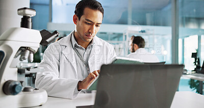 Buy stock photo Tablet, medical and research with man in laboratory for typing, forensics investigation and healthcare. Digital report, genetic analysis and science test with person for pathology, online and clinic