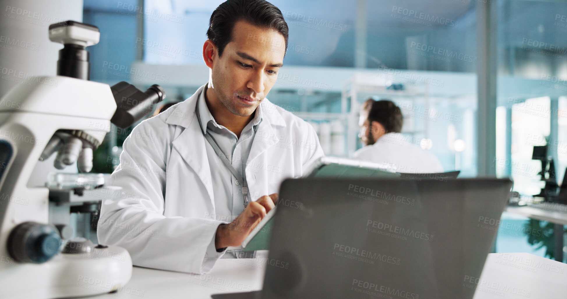 Buy stock photo Tablet, medical and research with man in laboratory for typing, forensics investigation and healthcare. Digital report, genetic analysis and science test with person for pathology, online and clinic