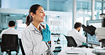 Scientist, woman and microscope with celebration for biology, breakthrough or medical research study. Biotech, laboratory and excited with DNA on computer screen for pharmaceutical RNA or experiment