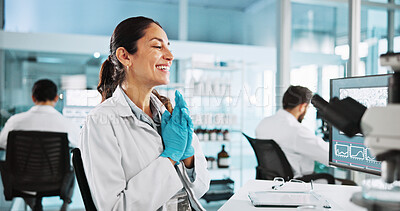 Buy stock photo Scientist, woman and microscope with celebration for biology, breakthrough or medical research study. Biotech, laboratory and excited with DNA on computer screen for pharmaceutical RNA or experiment