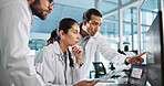 Teamwork, people or scientists on computer for vaccine breakthrough, clinical trial or DNA discovery. Chemistry, medical test or science research in lab with results notes, bacteria or medicine cure