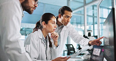 Buy stock photo Teamwork, people or scientists on computer for vaccine breakthrough, clinical trial or DNA discovery. Chemistry, medical test or science research in lab with results notes, bacteria or medicine cure