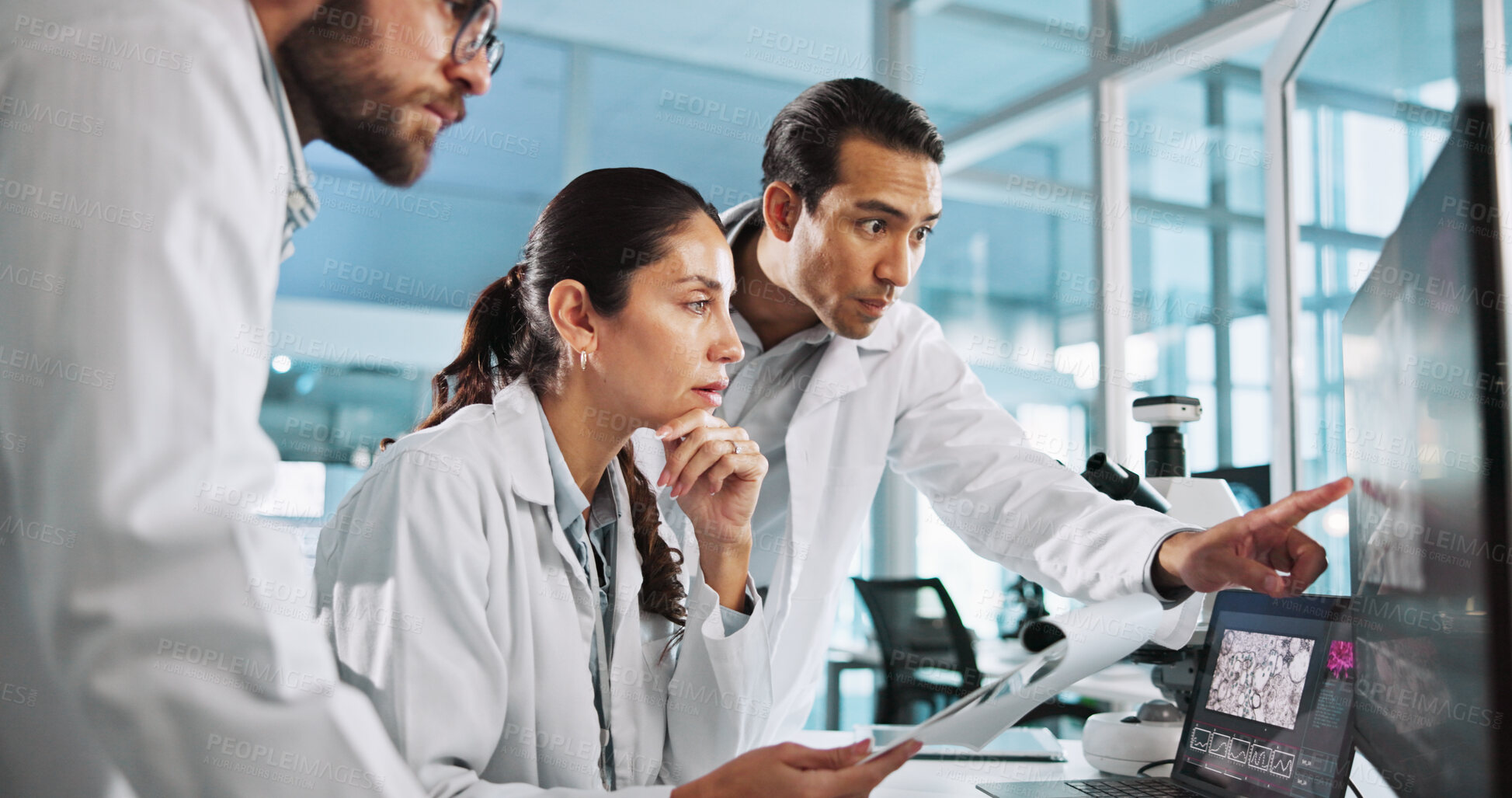Buy stock photo Teamwork, people or scientists on computer for vaccine breakthrough, clinical trial or DNA discovery. Chemistry, medical test or science research in lab with results notes, bacteria or medicine cure