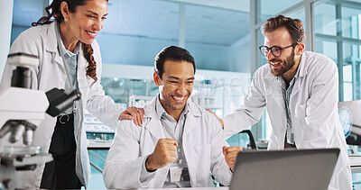 Buy stock photo Laptop, celebration and team of scientists in laboratory for medical research success for innovation. Cheering, computer and group of biologists with achievement for pharmaceutical science project.