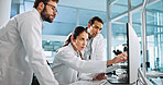 Teamwork, chemistry or scientists on computer for vaccine breakthrough, clinical trial or DNA discovery. People, medical test or science research in lab with results notes, bacteria or medicine cure