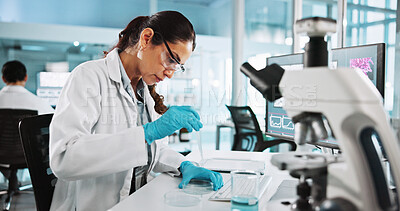 Buy stock photo Scientist, woman and petri dish with research for biology, innovation or medical notes analysis. Biotech, laboratory and microscope with DNA study for pharmaceutical RNA or pathology experiment