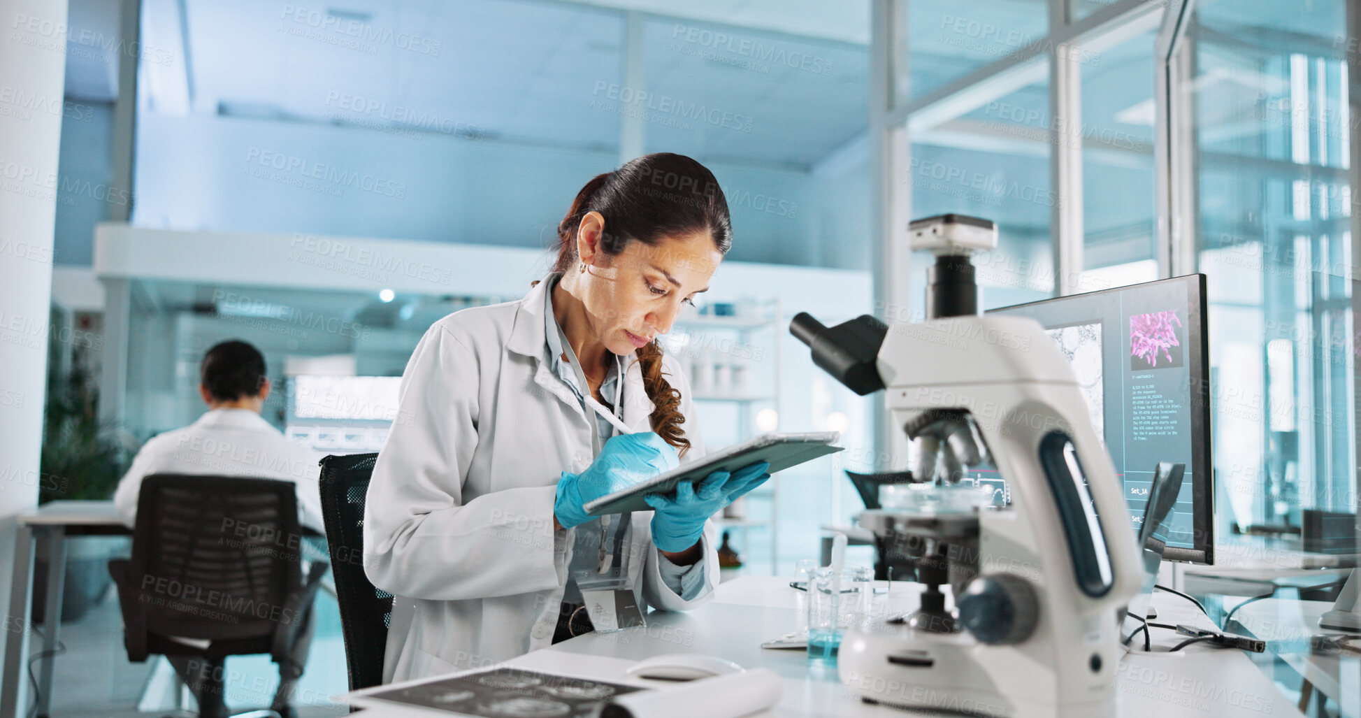 Buy stock photo Scientist, woman and tablet with study for biology, breakthrough or medical notes analysis. Biotech, laboratory and microscope with DNA research for pharmaceutical RNA or neurology experiment project