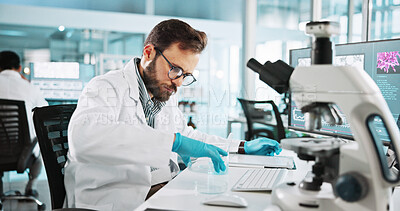 Buy stock photo Petri dish, chemical and pharmacy with man in laboratory for healthcare sample, molecular reaction and research. Medicine, vaccine experiment and medical test with person for science and microscope