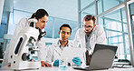 Group, scientist and clipboard in laboratory for medical innovation, research and analysis on laptop. Science discussion, people and computer for healthcare study, planning and medicine development