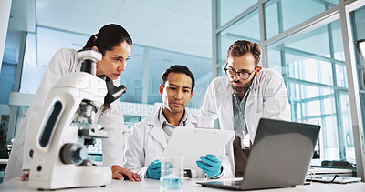 Buy stock photo Group, scientist and clipboard in laboratory for medical innovation, research and analysis on laptop. Science discussion, people and computer for healthcare study, planning and medicine development