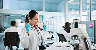 Buy stock photo Scientist, woman and microscope with celebration for biology, breakthrough or medical research analysis. Biotech, laboratory and excited with DNA study for pharmaceutical RNA or pathology experiment