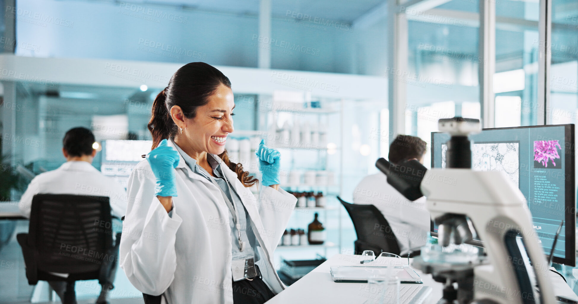 Buy stock photo Scientist, woman and microscope with celebration for biology, breakthrough or medical research analysis. Biotech, laboratory and excited with DNA study for pharmaceutical RNA or pathology experiment