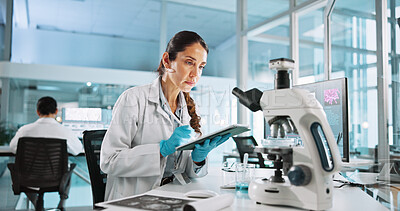 Buy stock photo Laboratory, woman and tablet with study for biology, breakthrough or medical notes analysis. Biotech, scientist and microscope with DNA research for pharmaceutical RNA or neurology experiment project