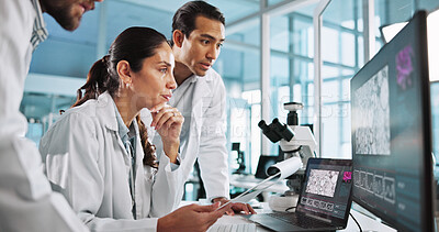 Buy stock photo Computer screen, science and thinking with people in laboratory for healthcare, medical or pharmaceutical innovation. Laptop, research and study with scientist team in clinical trial for development