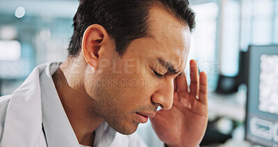 Buy stock photo Headache, stress and medical with man in laboratory for research mistake, clinical trial fail or burnout. Healthcare error, tired and science test results with person in clinic for fatigue and crisis