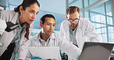 Buy stock photo Teamwork, people or scientists on laptop for vaccine breakthrough, clinical trial or DNA discovery. Chemistry, medical test or science research in lab with results notes, bacteria or medicine cure