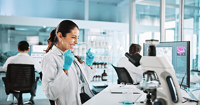 Buy stock photo Scientist, woman and microscope with celebration for experiment, breakthrough or medical research study. Biotech, laboratory and excited with DNA on computer screen for pharmaceutical RNA or biology