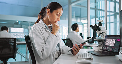 Buy stock photo Science, tablet and thinking with woman in laboratory for healthcare, medical or pharmaceutical innovation. Computer screen, idea and microscope with mature scientist in clinical trial for research