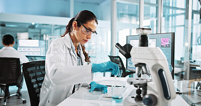Buy stock photo Scientist, woman and research with beaker at lab with sample, liquid and test with pharma career. Person, ppe and equipment with chemical process for medical innovation, vaccine and clinical study