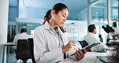 Buy stock photo Scientist, woman and tablet with notes for experiment, results and medical research study. Biotech, laboratory and analysis with DNA investigation for pharmaceutical RNA or biology innovation