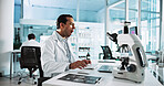 Laptop, science and yawn with man in laboratory for healthcare, medical or pharmaceutical innovation. Computer, fatigue and microscope with tired scientist in clinical trial for development or study