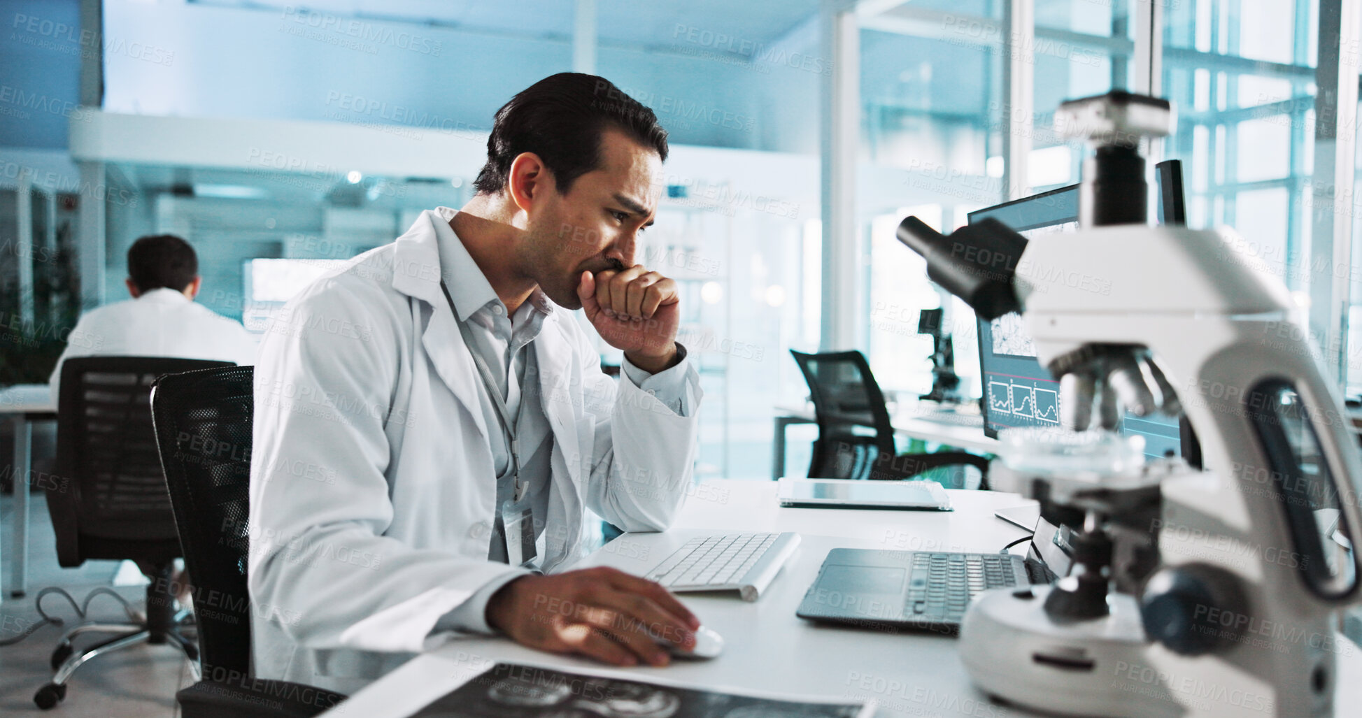 Buy stock photo Laptop, mistake and science with man in laboratory for healthcare, medical or pharmaceutical innovation. Computer, microscope and regret with scientist in clinical research for development failure