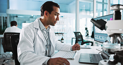 Buy stock photo Laptop, research and science with man in laboratory for healthcare, medical or pharmaceutical innovation. Computer screen, microscope and study with scientist in clinical trial for development