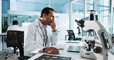 Buy stock photo Tired, laptop and science with man in laboratory for healthcare, medical or pharmaceutical innovation. Computer, microscope and yawning with scientist with fatigue in clinical trial for development