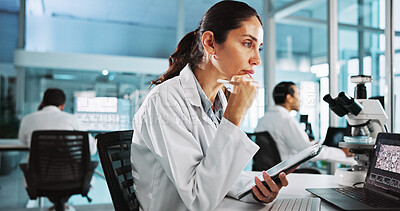 Buy stock photo Laptop, science and thinking with woman in laboratory for healthcare, medical or pharmaceutical innovation. Clipboard, computer and study with mature scientist in clinical trial for development