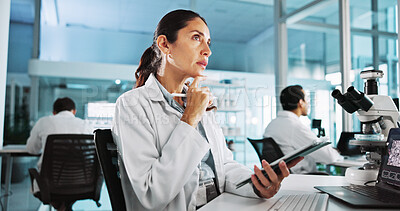 Buy stock photo Clipboard, science and thinking with woman in laboratory for healthcare, medical or pharmaceutical innovation. Laptop, microscope and problem solving with scientist in clinical trial for development